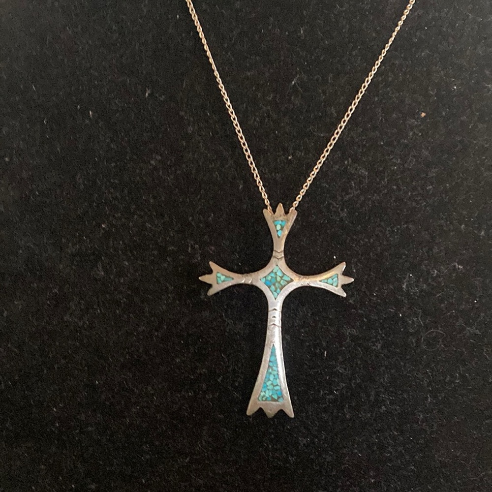 Turquoise Inlay Cross Pendant Necklace - Silver 925